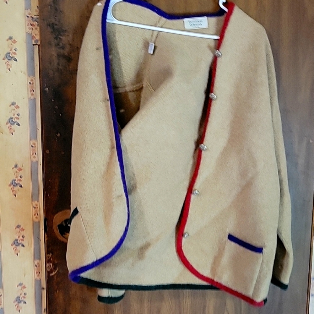 Button up sweater tan purple and red